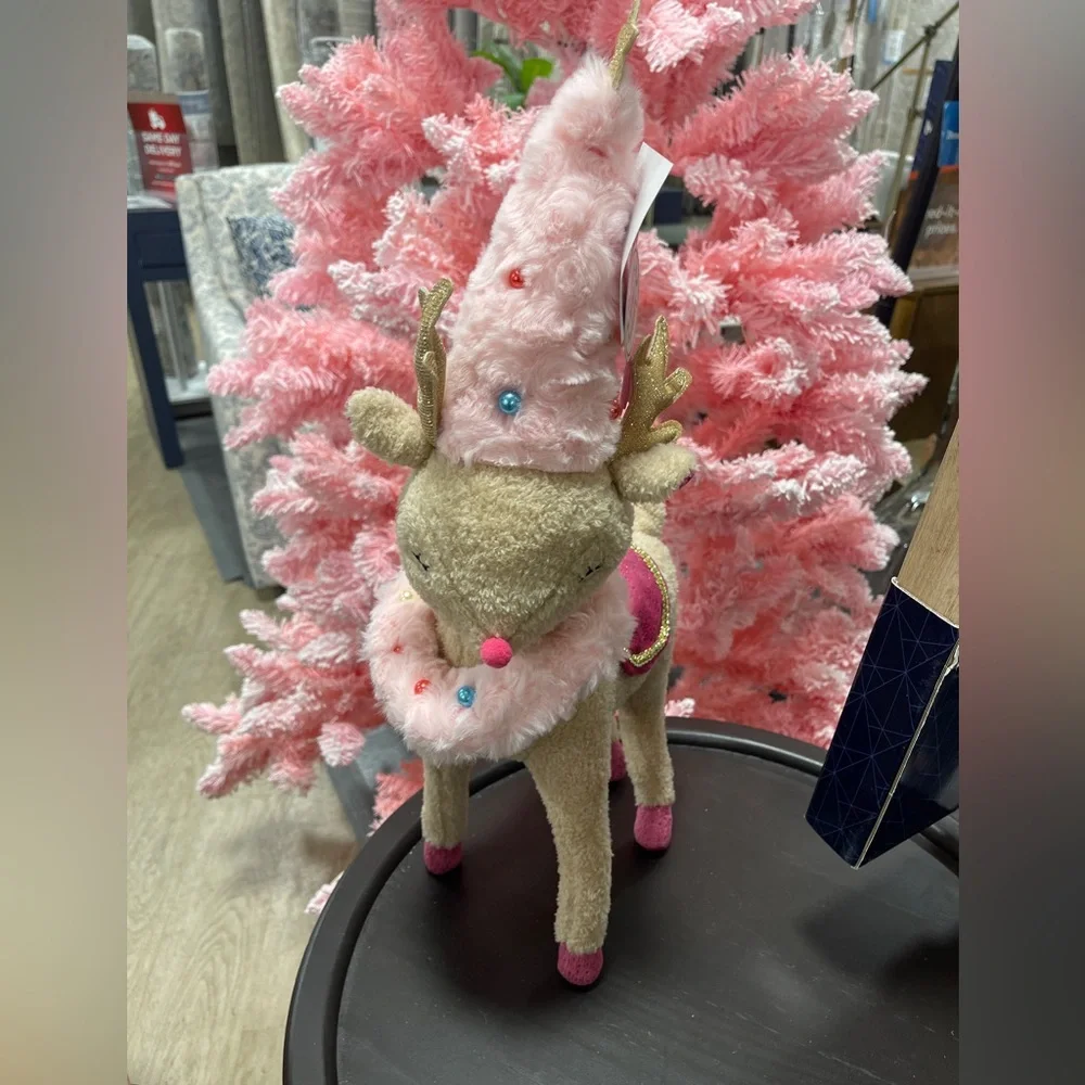 Pink Christmas Reindeer With Pink Tree hat & Wreath plush pillow NWT
